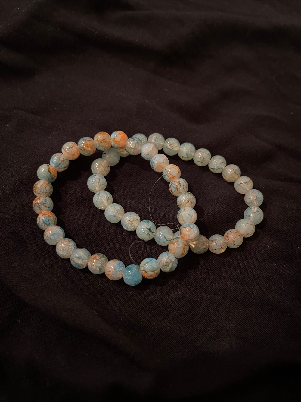 Beaded Stretch Bracelet Set - Light Blue and Orange Marble